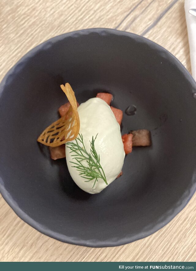 Smoked watermelon with fennel ice cream