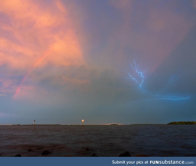 [OC] lightning and rainbow over the Skyway Bridge in St Pete, FL. 1350x1080