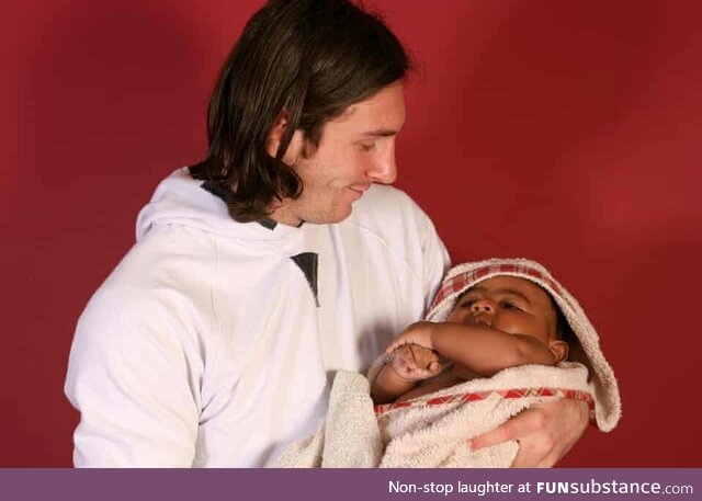 20 year old Lionel Messi holding baby Lamine Yamal back in 2007. Yamal just scored for