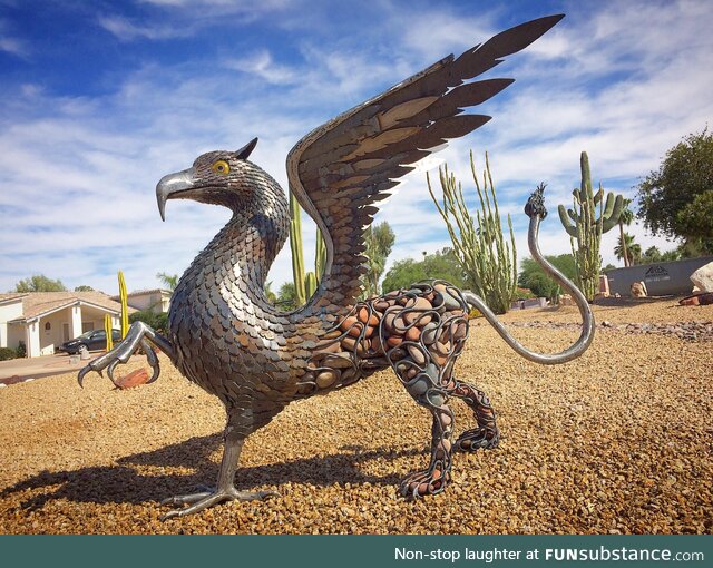 My “Griffin” sculpture made from steel, stone, and glass