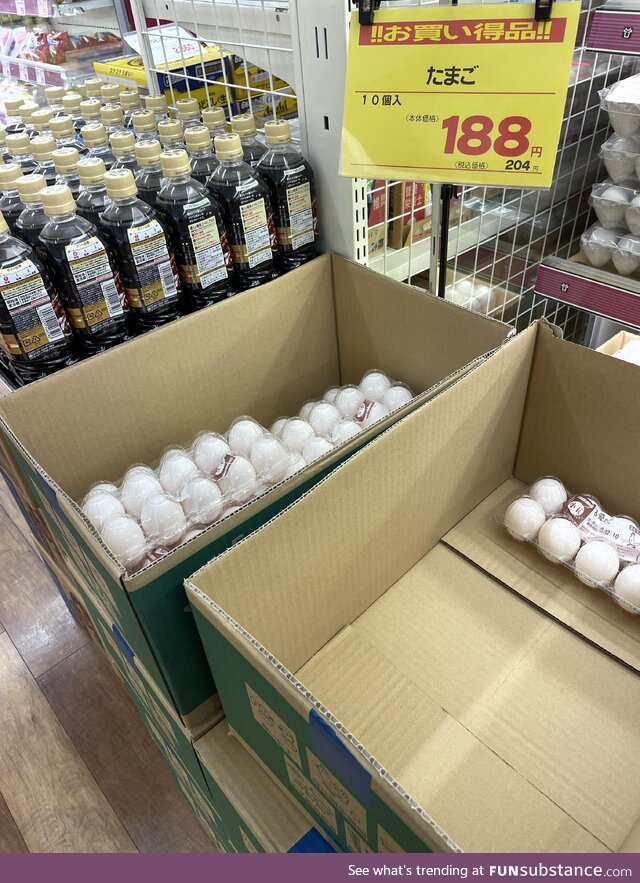 Price of eggs currently here in Japan, 10 eggs for 204¥ after tax(1.57USD)