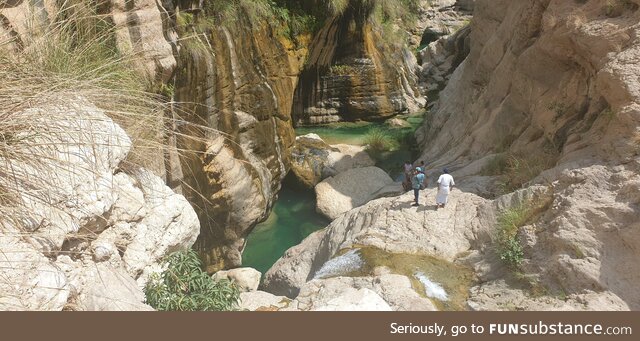 Going for a quick dive. Located in Oman, Mibam Hills