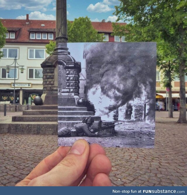 Town square in Uelzen, Lower Saxony, Germany- during the Battle of the Rhine, April 1945