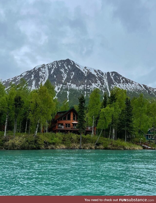 A cabin perched on Kenai Lake, Alaska [OC]