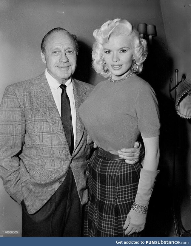 Comedian Jack Benny with Jayne Mansfield, 1956