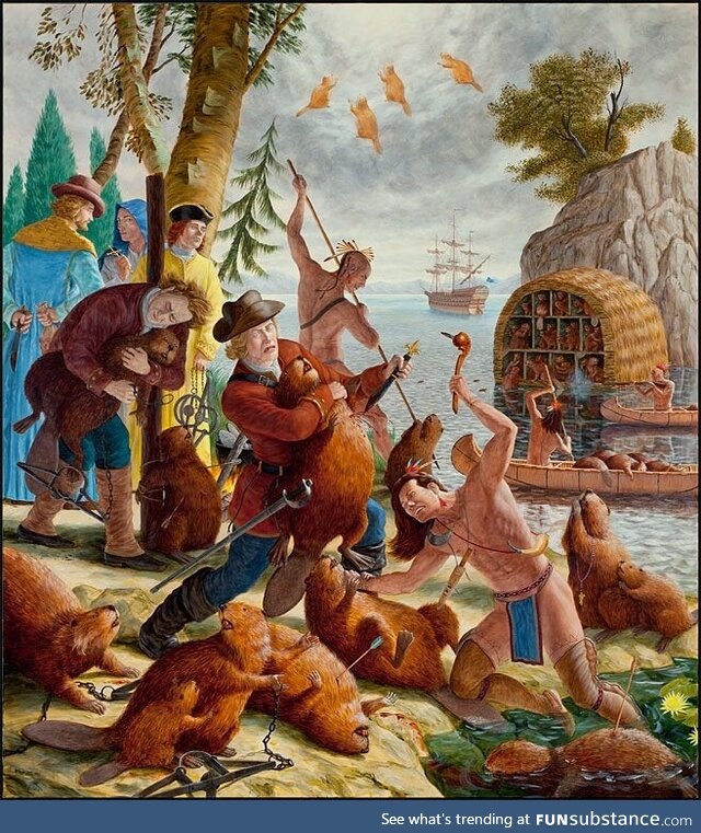 Probably the greatest painting of people attacking beavers in all of Canada