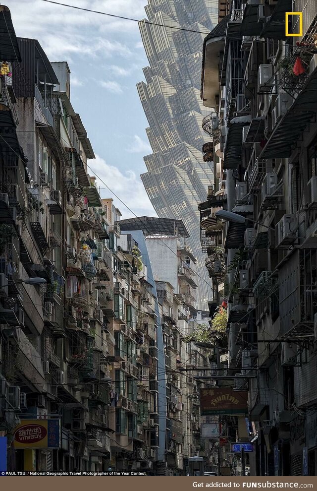 The Hotel Grand Lisboa viewed from the streets of Macau