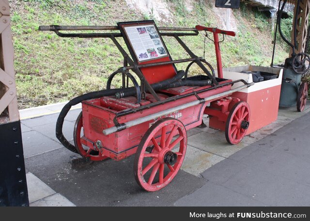 Hand operated fire engine, Kingswear station, Devon. Photo: 29 Aug 2019