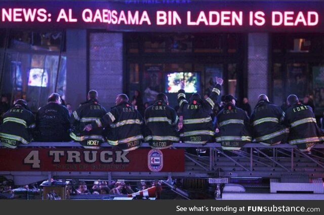 The men of FDNY Ladder Company 4 celebrating the death of Osama Bin Laden