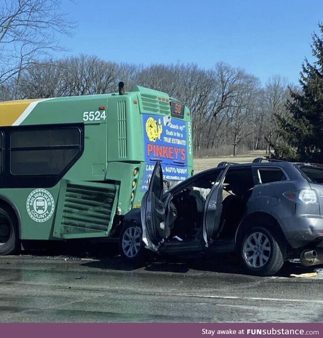 The ad on the back of the bus is for Pinkey’s Auto Body. “Quack up? Duck in for a