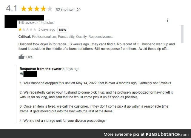 Appliance repair shop responds to a bad review