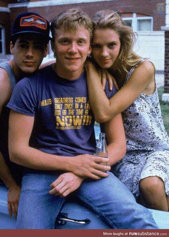 Robert Downey Jr, Anthony Michael Hall and Uma Thurman, 1987