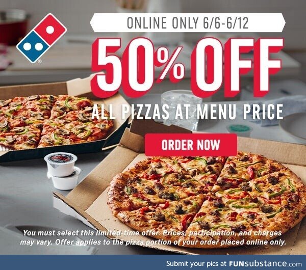 TIL you can get 50% all menu priced pizza's from Domino's this week only with a FREE