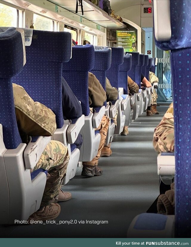 A Ukrainian train crowded with defenders on their way to the frontline