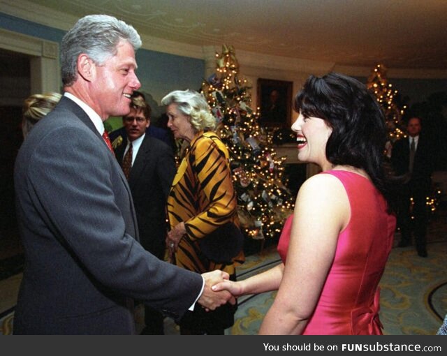 Future TV producer and designer Monica Lewinsky is greeted by Pres. Bill Clinton at the