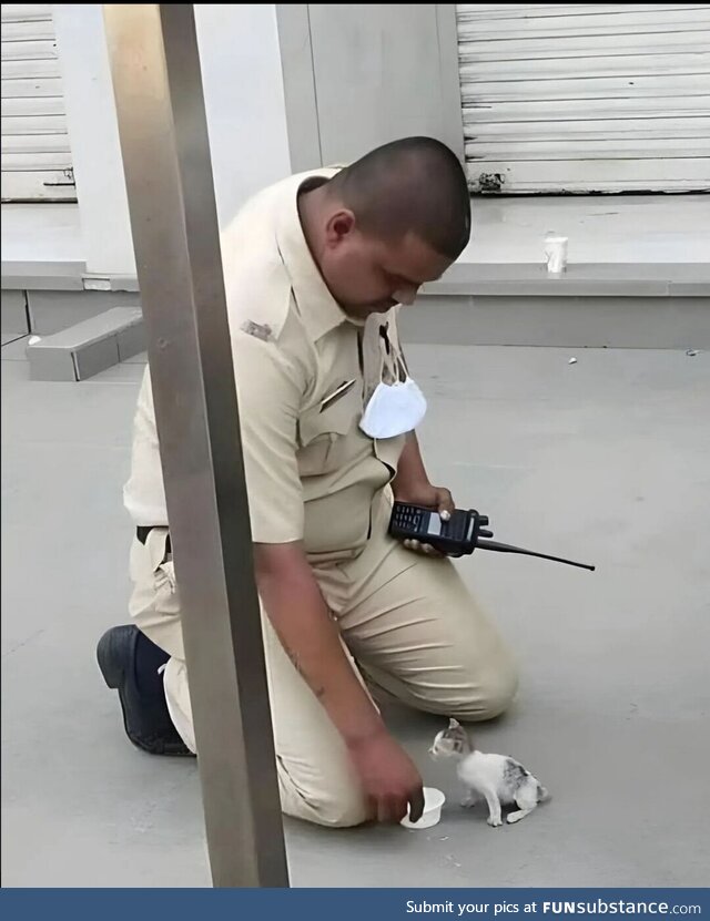 Indian police officer feeding a smol cat