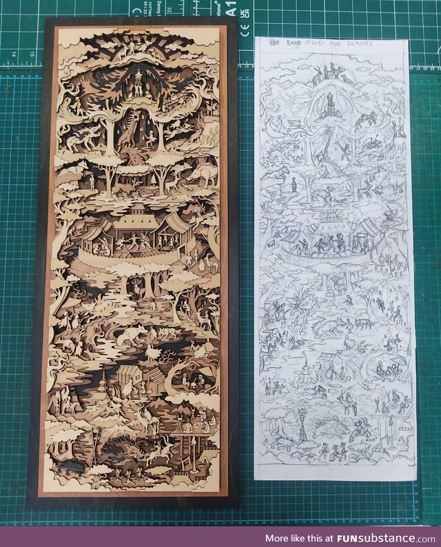 The entirety of Princess Mononoke sketched in pencil and made into a woodwork