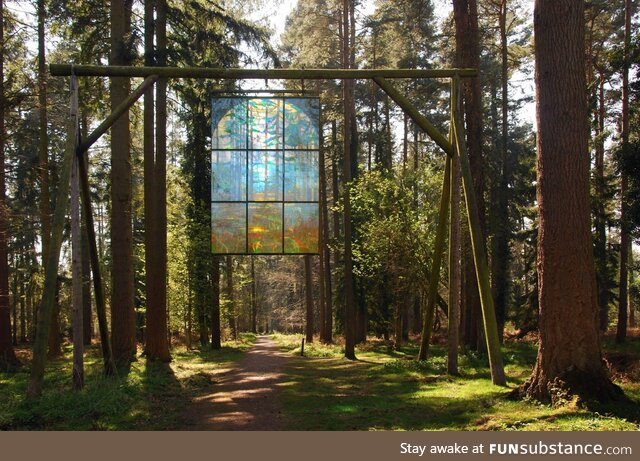 Stained glass window in a forest