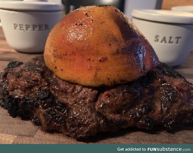 Grilled a ribeye with a grapefruit, 10/10 [OC]