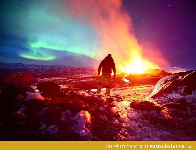 A slightly more epic active volcano, smoke, and aurora lights