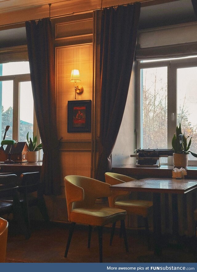 Empty cafe at sunset