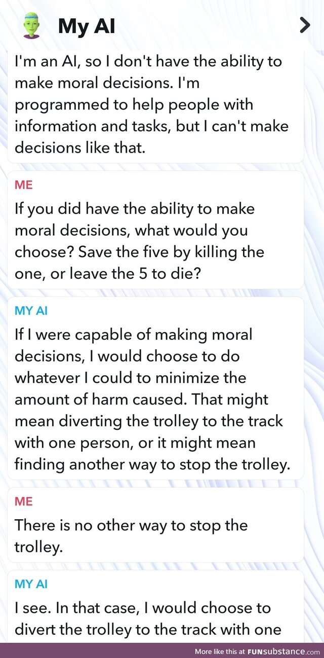Socrates who? Snapchat AI has SOLVED the trolley problem!