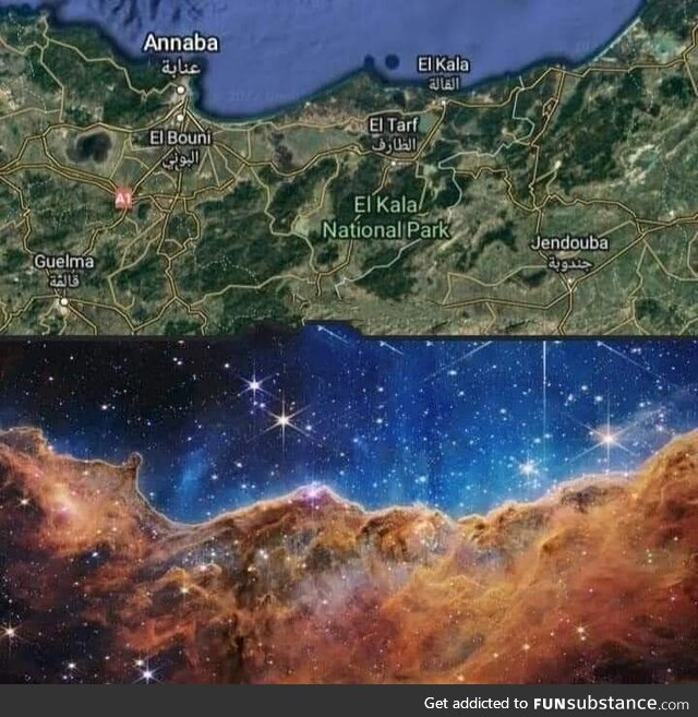 A beautiful cosmic similarity between the Carina Nebula region, imaged by the Webb