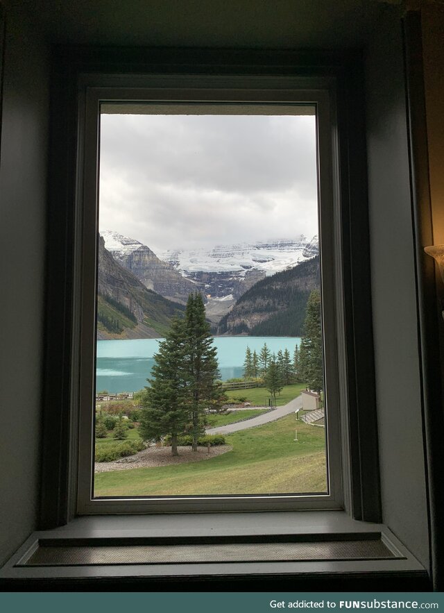 This window inside the Fairmont Lake Louise looks like a painting