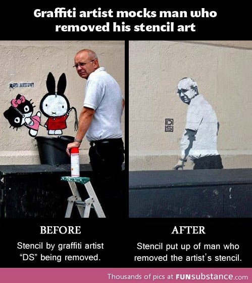 Graffiti artist mocks grumpy man