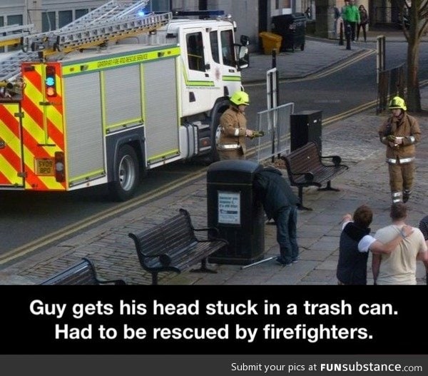 Head stuck in trash can