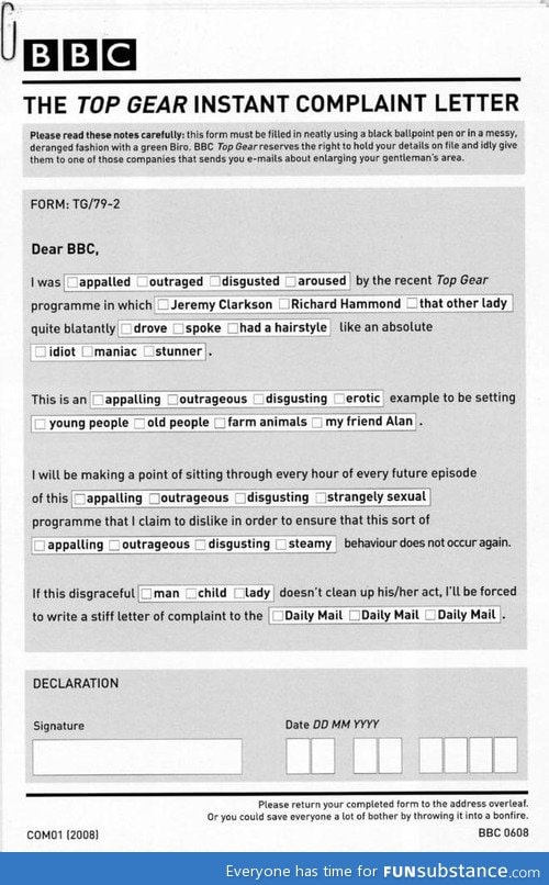 Top gear instant complaint letter