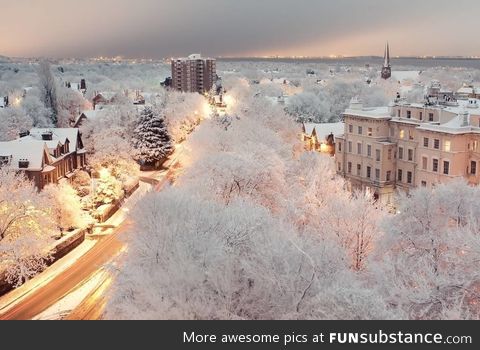 Snowy dusk in liverpool, united kingdom