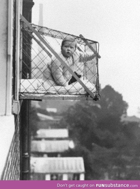 "Baby cages" used to ensure kids got enough sun when living in apartments. (1937