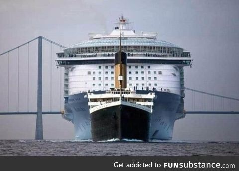 Titanic next to a modern Ocean liner..