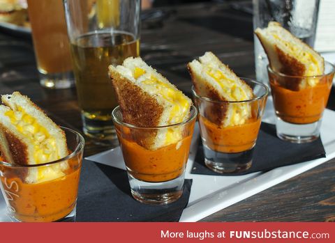 Grilled Cheese Mac & Cheese in Shots of Tomato Soup