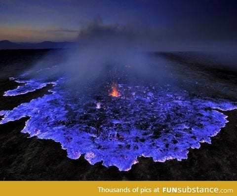 Blue lava erupting from Kawah Ijen volcano in Indonesia