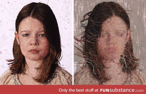 Embroidered portrait of a girl looks terrifying from the other side