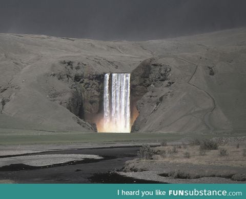 Skógafoss Waterfall, Ireland, During the 2010 Eyjafjallajökull Volcano Eruption