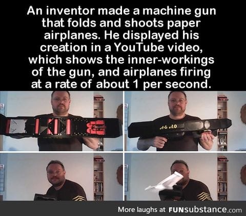 An inventor made a machine gun that folds and shoots paper airplanes