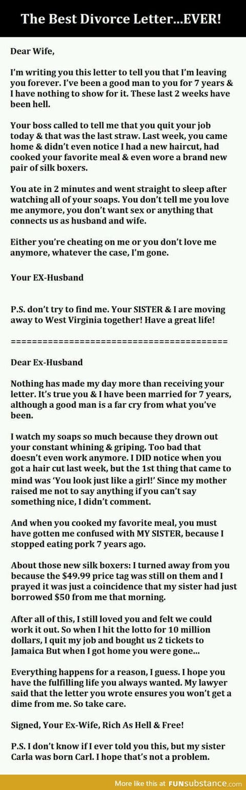 Now that's the best divorce letter ever