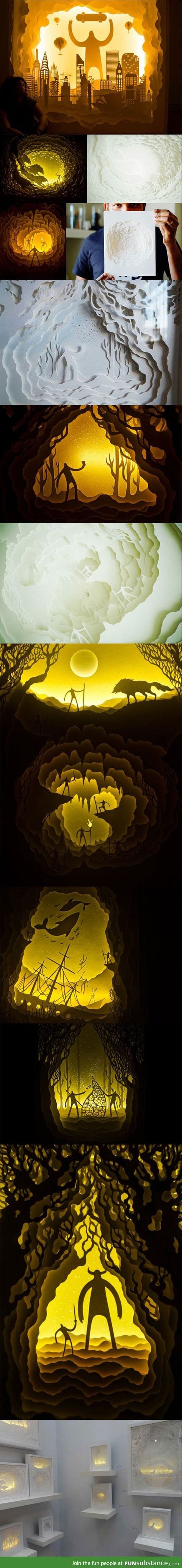 Illuminated paper cut light box dioramas