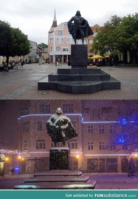 A monument in Polish town looks like Darth Vader after a snowy day