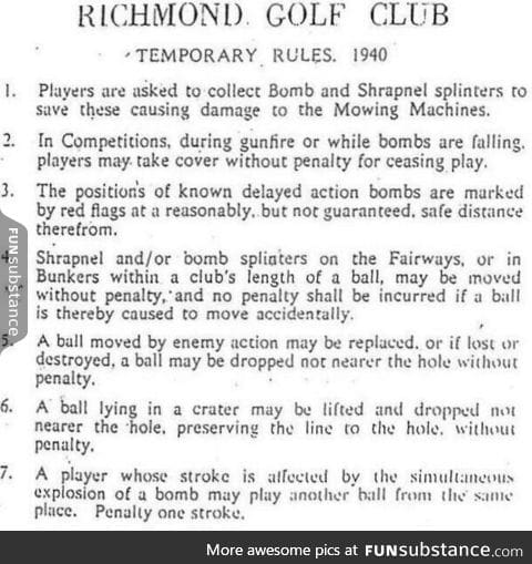 Temporary rules posted at Richmond Golf Club after German bombs hit the course in 1940