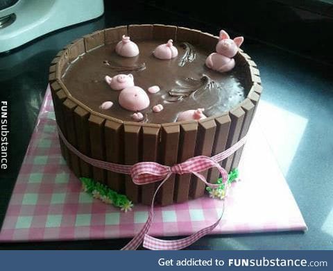 Pigs playing in the mud cake