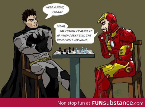 Batman and Iron Man playing chess