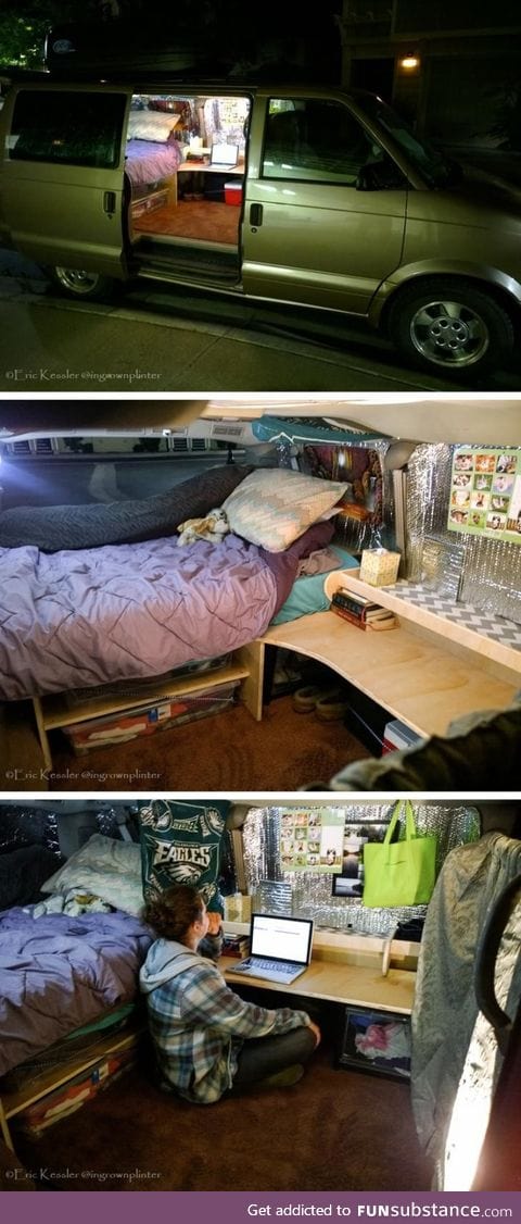 Van converted to dorm room