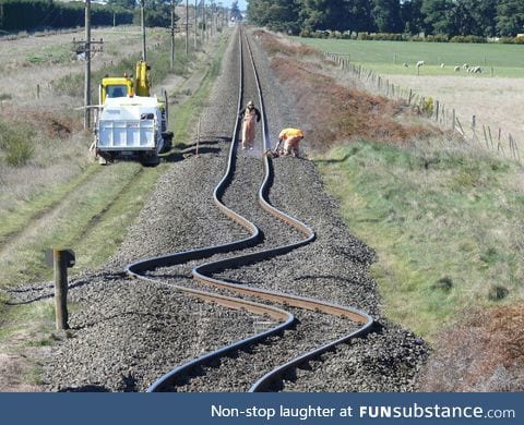 Bent rail tracks after a New Zealand earthquake