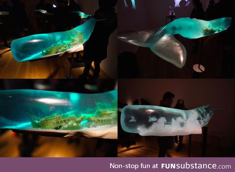 Shipwrecks in translucent whale sculptures