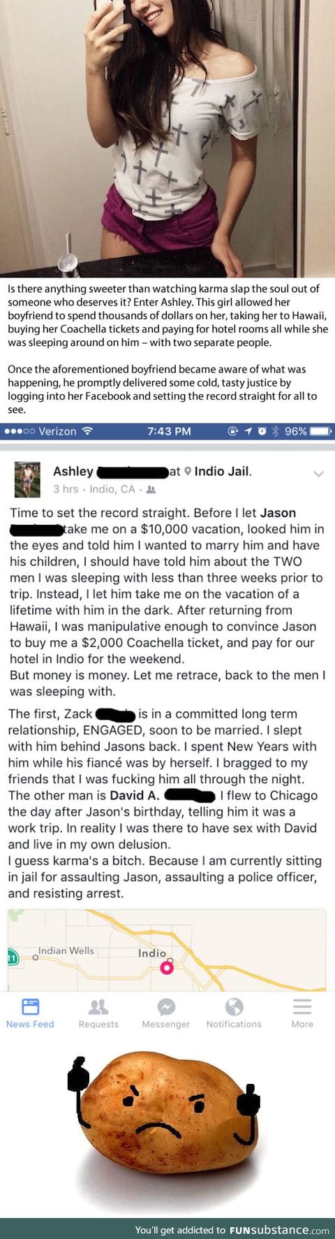 Boyfriend logs into cheating ex's Facebook and drops the hammer