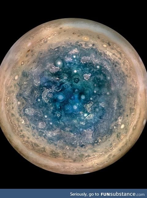 Jupiter's poles are covered in cyclones, some as big as the Earth